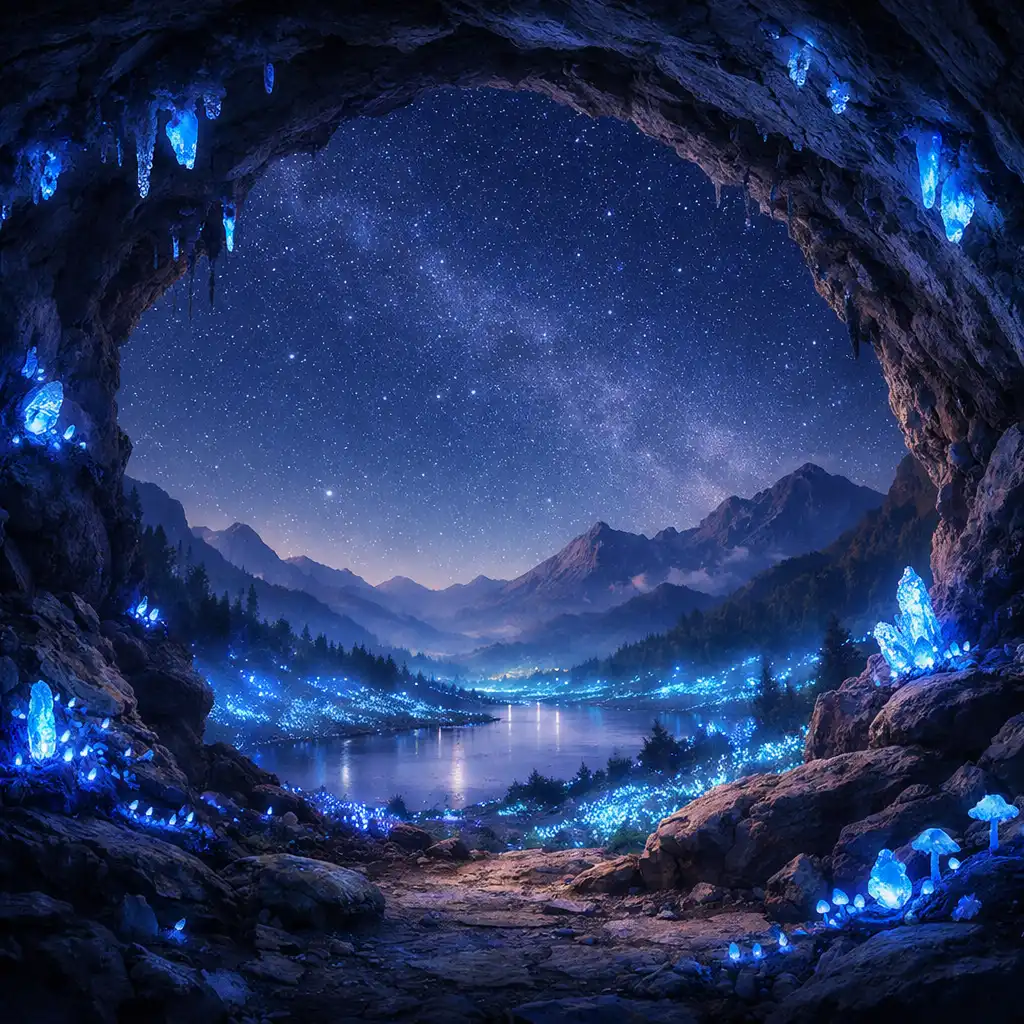 Kilátás egy rejtett barlangból egy biolumineszcens tájra