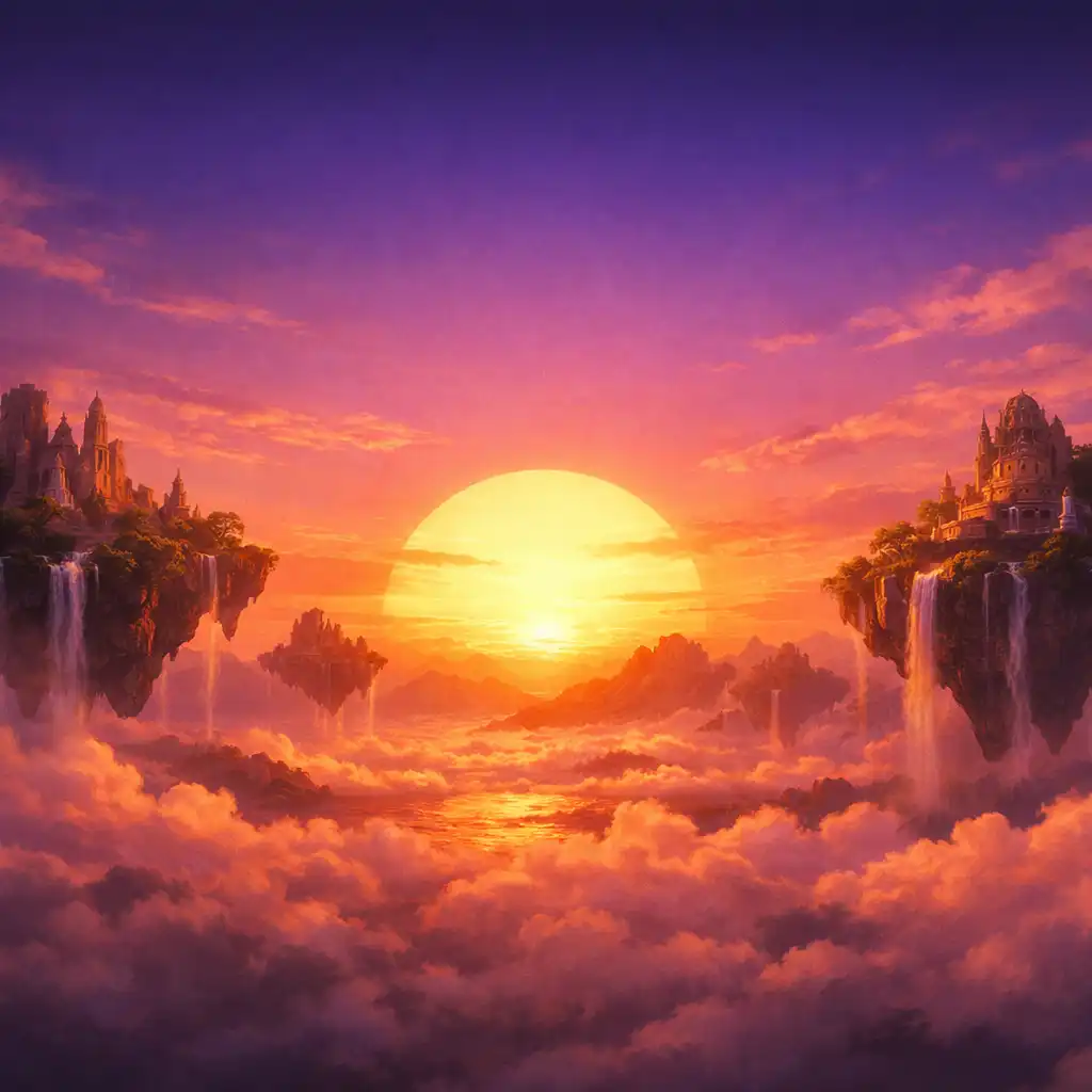 Panorámás kilátás egy fantasy birodalomra naplementekor, lebegő szigetekkel