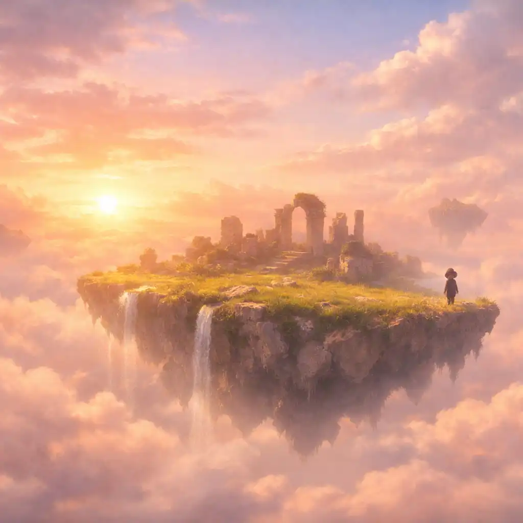 Lélegzetelállító lebegő sziget a Sky: Children of the Light világából, aranyló naplementében