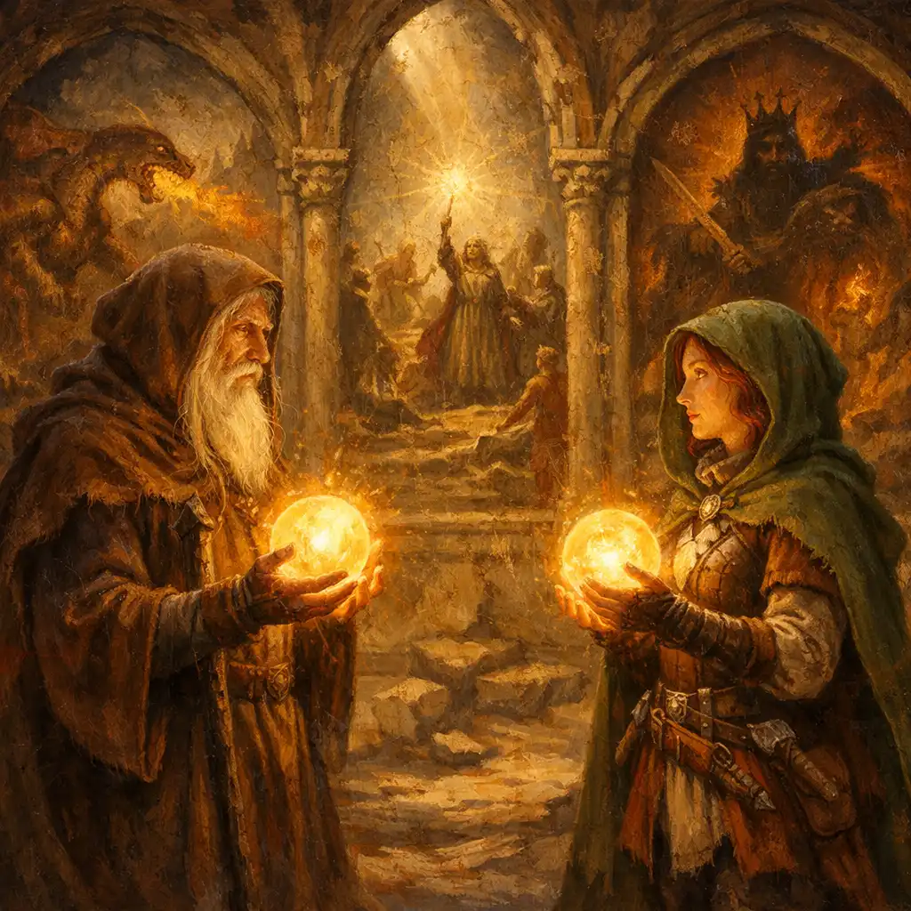 Két karakter áll egymással szemben egy romos templomban, kezükben fénygömbökkel