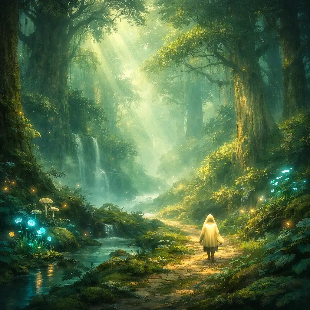 A Hidden Forest birodalom lenyűgöző látképe, ősi fákkal és biolumineszcens növényekkel